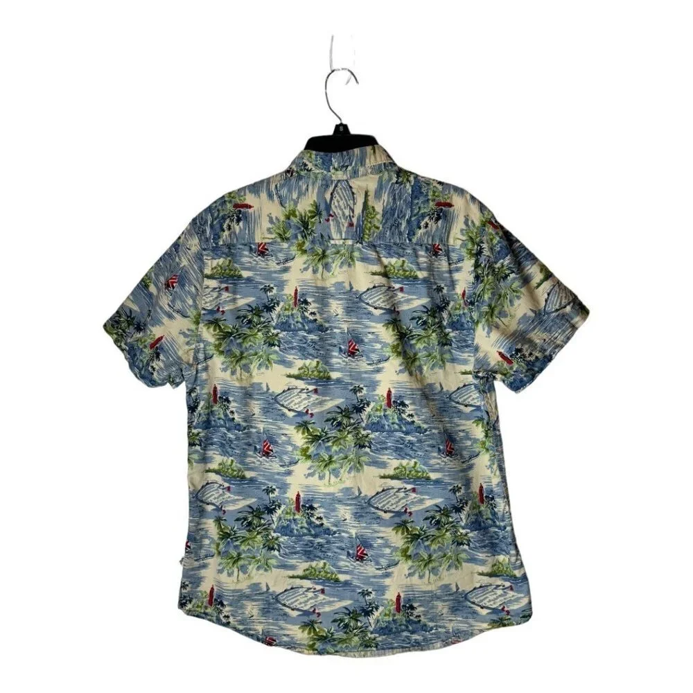 Denim & Flower Blue And Green Slim Fit Cotton Hawaiian Button Front Shirt Size M